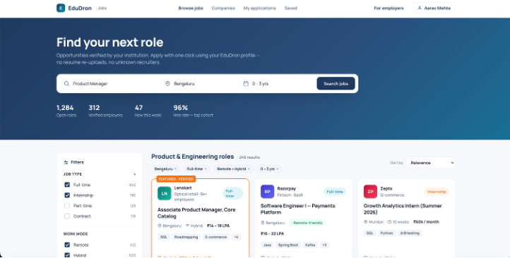EduDron integrated jobs portal listing roles for students