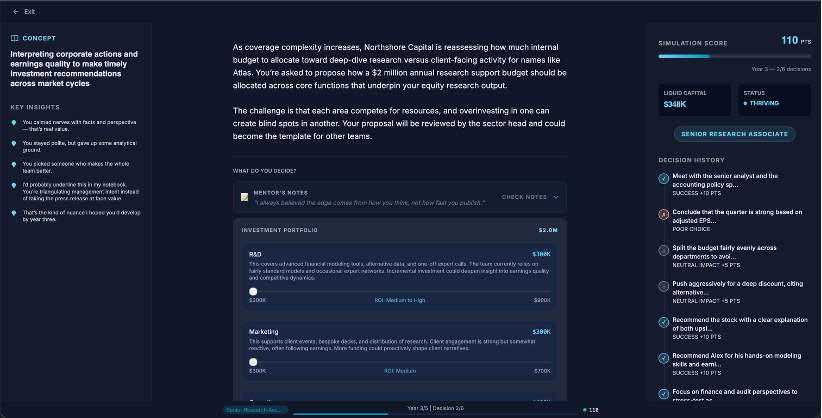EduDron business simulation interface with decision points and live simulation score