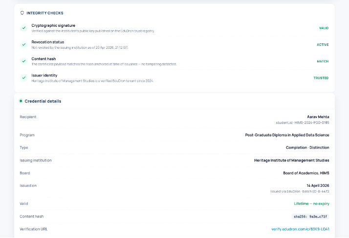 EduDron public credential verification page with QR check