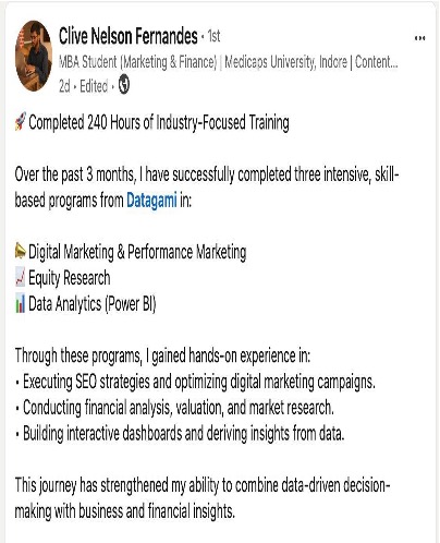 LinkedIn testimonial from Clive Nelson Fernandes, MBA Student